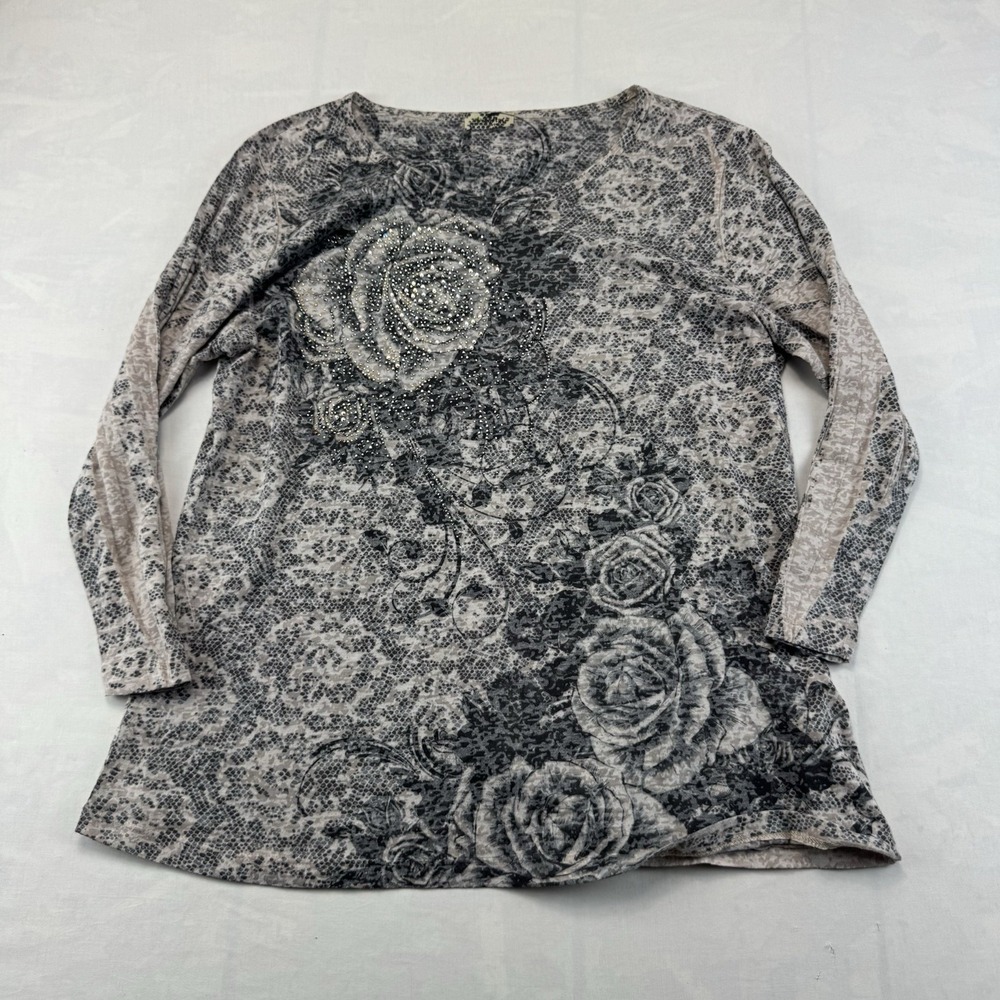 Cactus Large Gray Floral Rose Embellished Top Made in USA